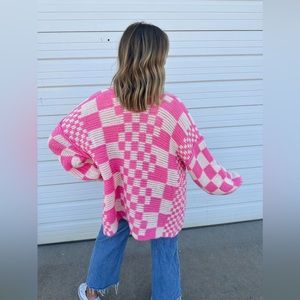 Checkered Pink Knit Oversized Cardigan